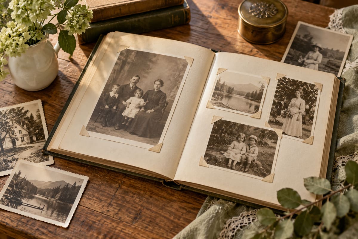 Album de photographies avec des portraits de personnes fictives. Illustration ; scène fictive, sans valeur documentaire.