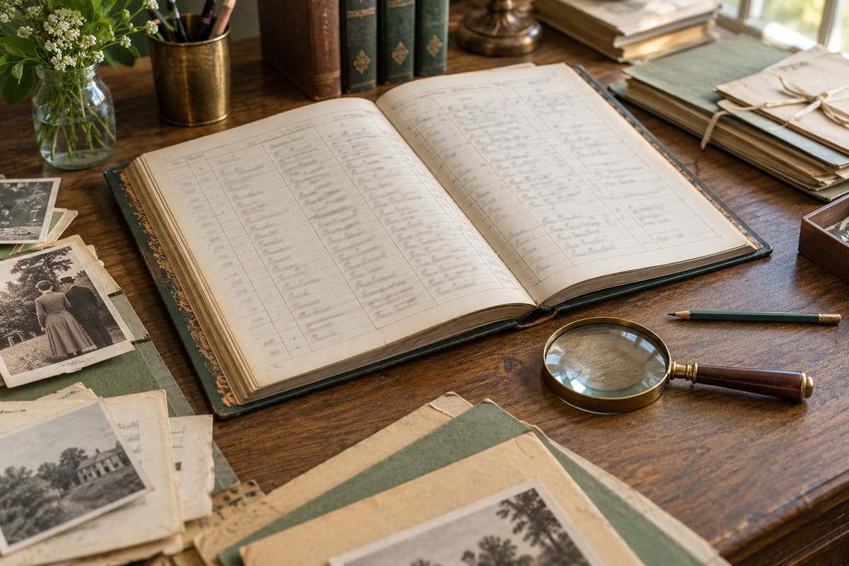 Registre, dossiers et loupe sur une table de recherche. Illustration ; scène fictive, sans valeur documentaire.