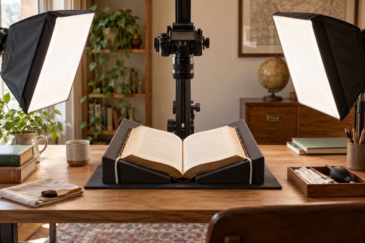 Digitisation setup with camera and book cradle. Illustration; fictional scene, not documentary evidence.