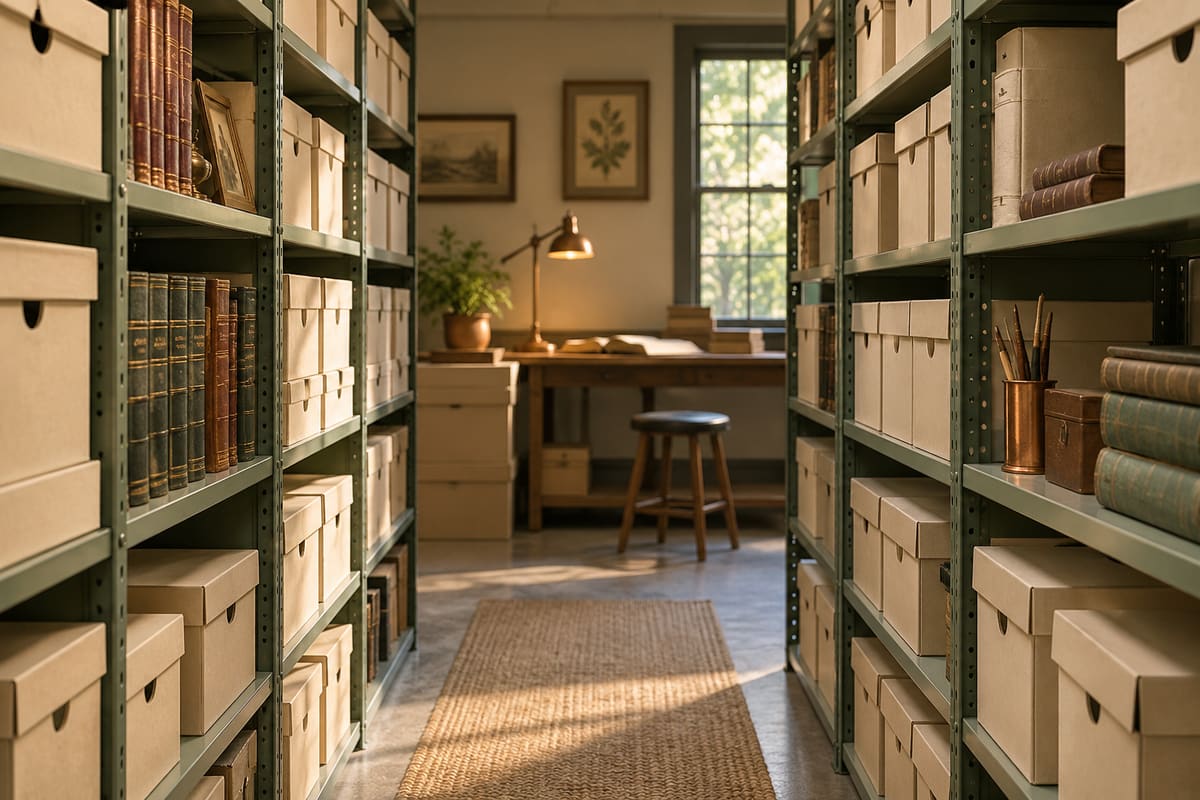 Shelves and archival storage boxes. Illustration; fictional scene, not documentary evidence.