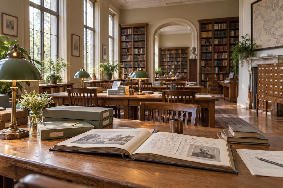 Salle de lecture et table de recherche. Illustration ; scène fictive, sans valeur documentaire.