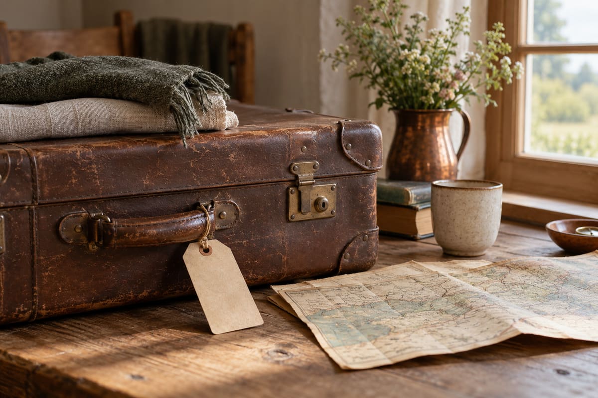 Valise et carte, évocation d’un parcours migratoire. Illustration ; scène fictive, sans valeur documentaire.